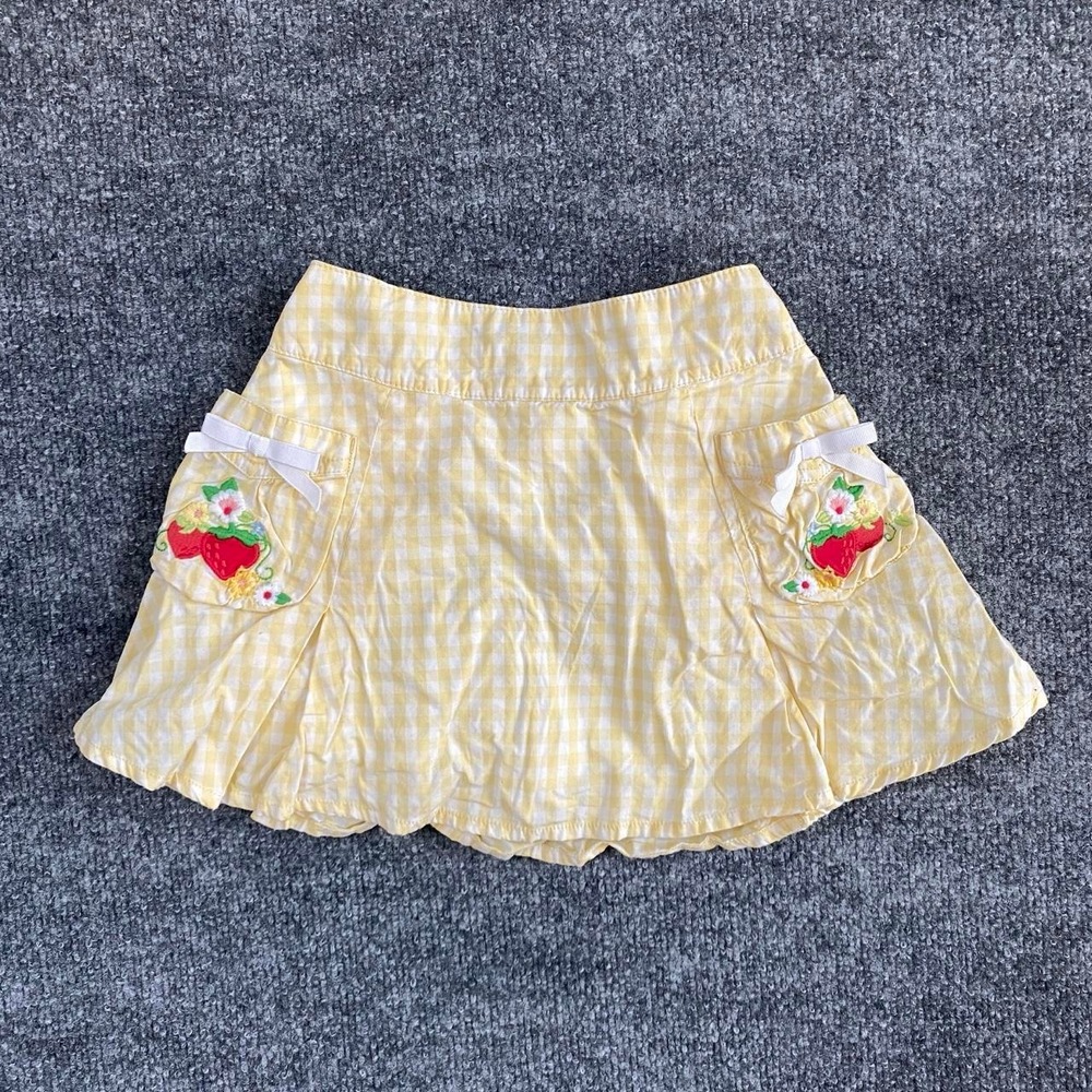 GYMBOREE KIDS YELLOW WHITE GINGHAM PLAID SKORT STRAWBERRY FLORAL EMBROIDERED